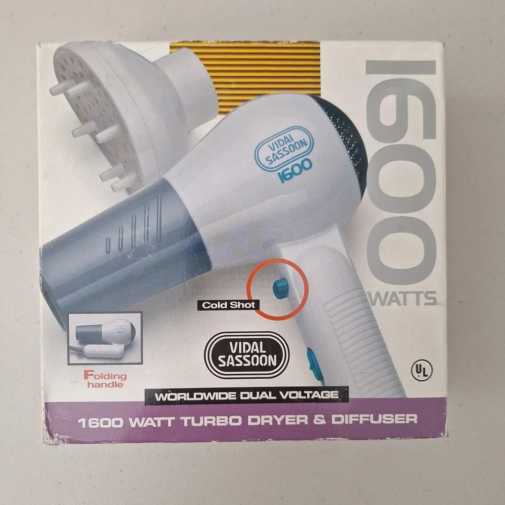 NEW Vidal Sasson 1600 Watt Turbo Hair Dryer & DIFFUSER Folding Handle Cold Shot